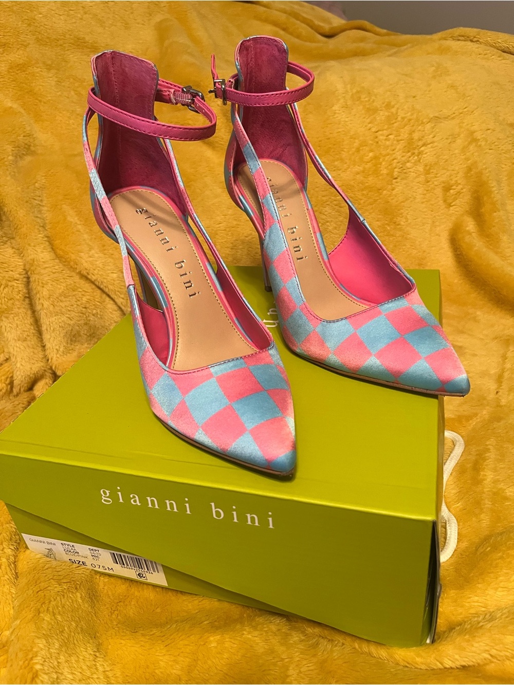 Gianni Bini Pink and Blue Checkered Ankle-Strap Pumps
